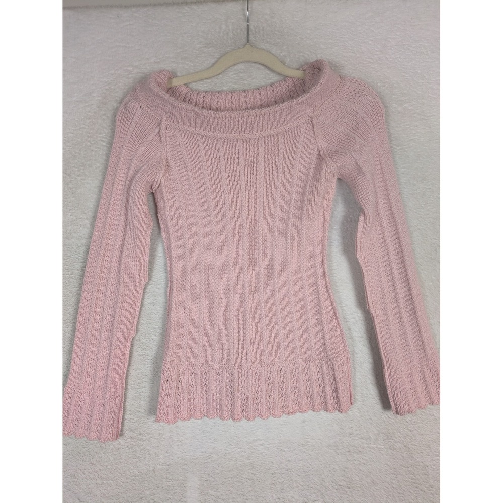 Unbranded Sweater Women's Size S Pink Ribbed Off Shoulder Scalloped Trim Knit